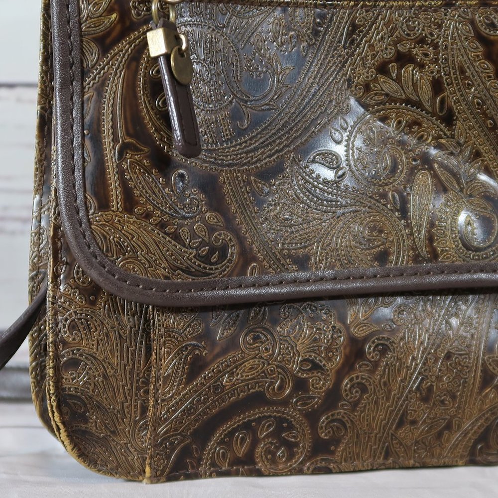 Women's Embossed Paisley Leather Crossbody Bag - Brown - Picture 2 of 7
